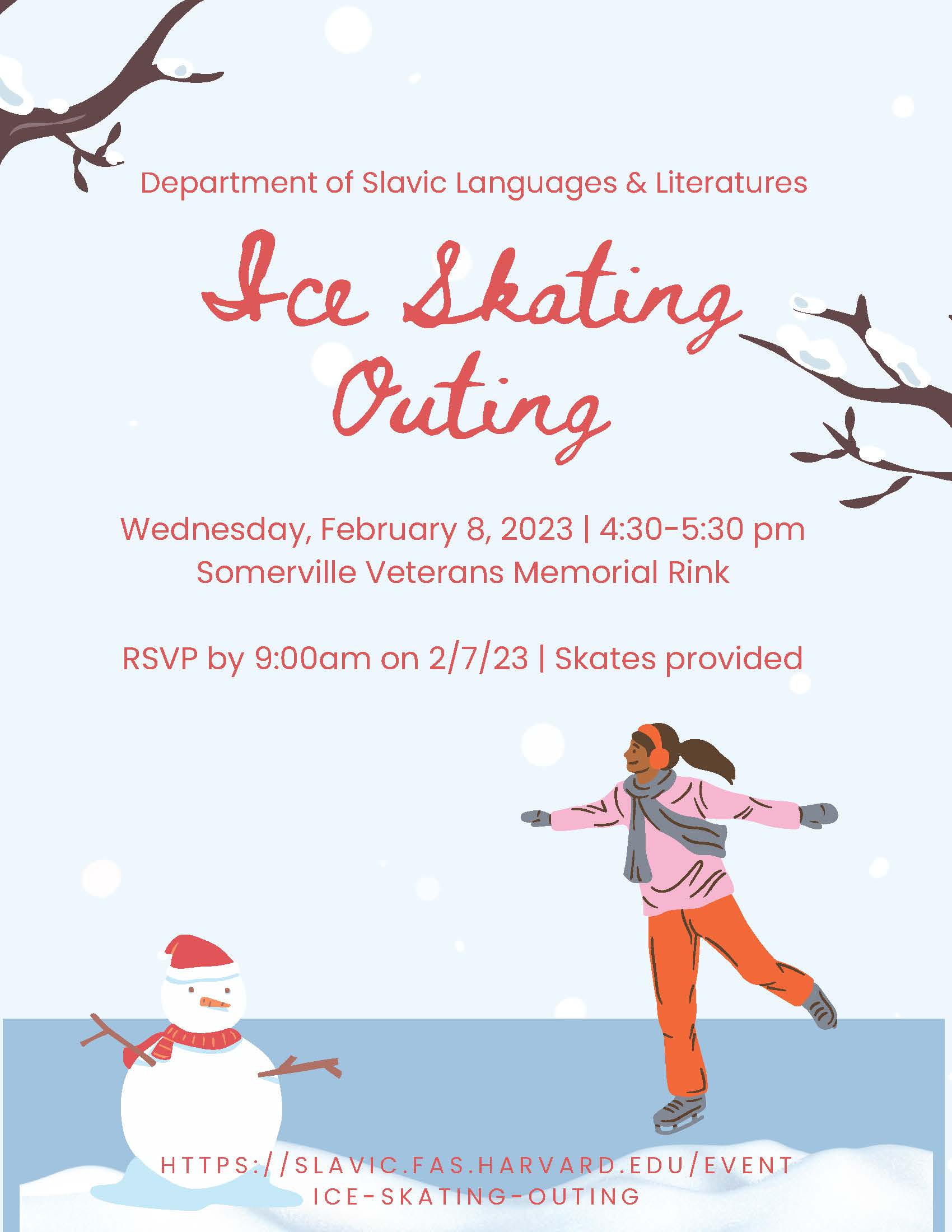 Ice skater on pond with snowperson