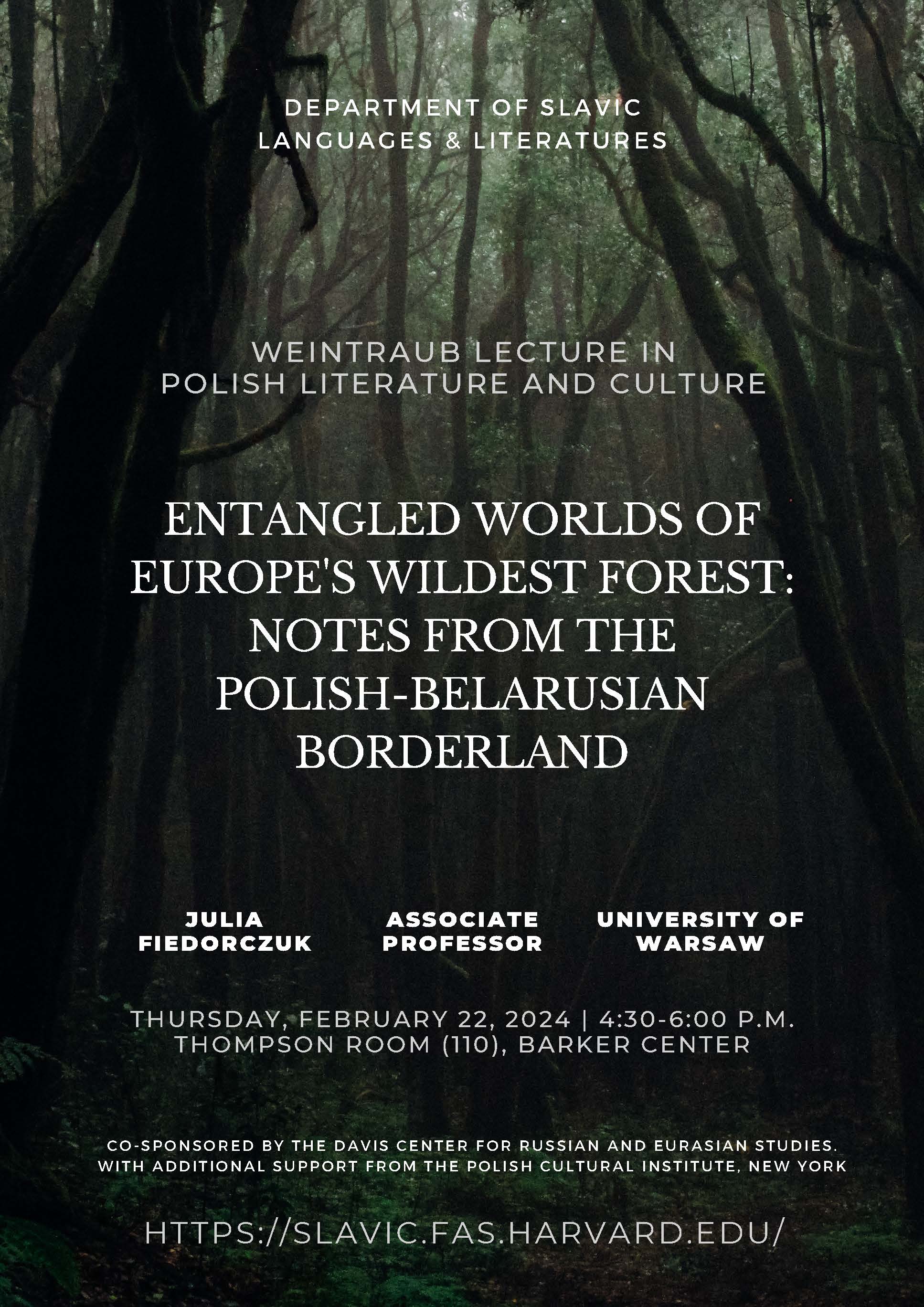 Dark green and back forest trees with event logistical information.