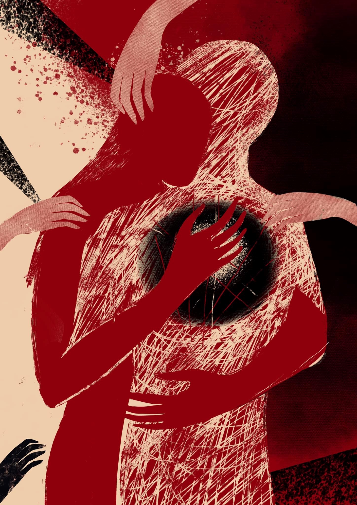 Two red and black figures hugging with red and black hands encircling them.